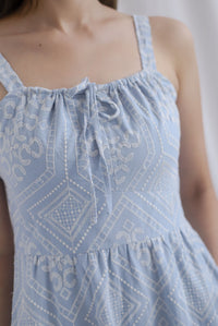 Gwen Empire Tie Front Embro Maxi Dress In Skyblue