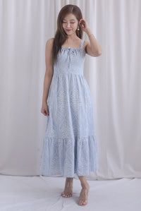 Gwen Empire Tie Front Embro Maxi Dress In Skyblue