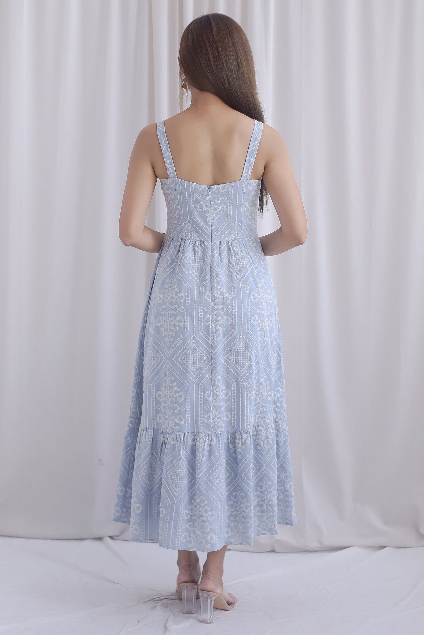 Gwen Empire Tie Front Embro Maxi Dress In Skyblue