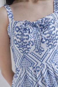 Gwen Empire Tie Front Embro Maxi Dress In White/Blue