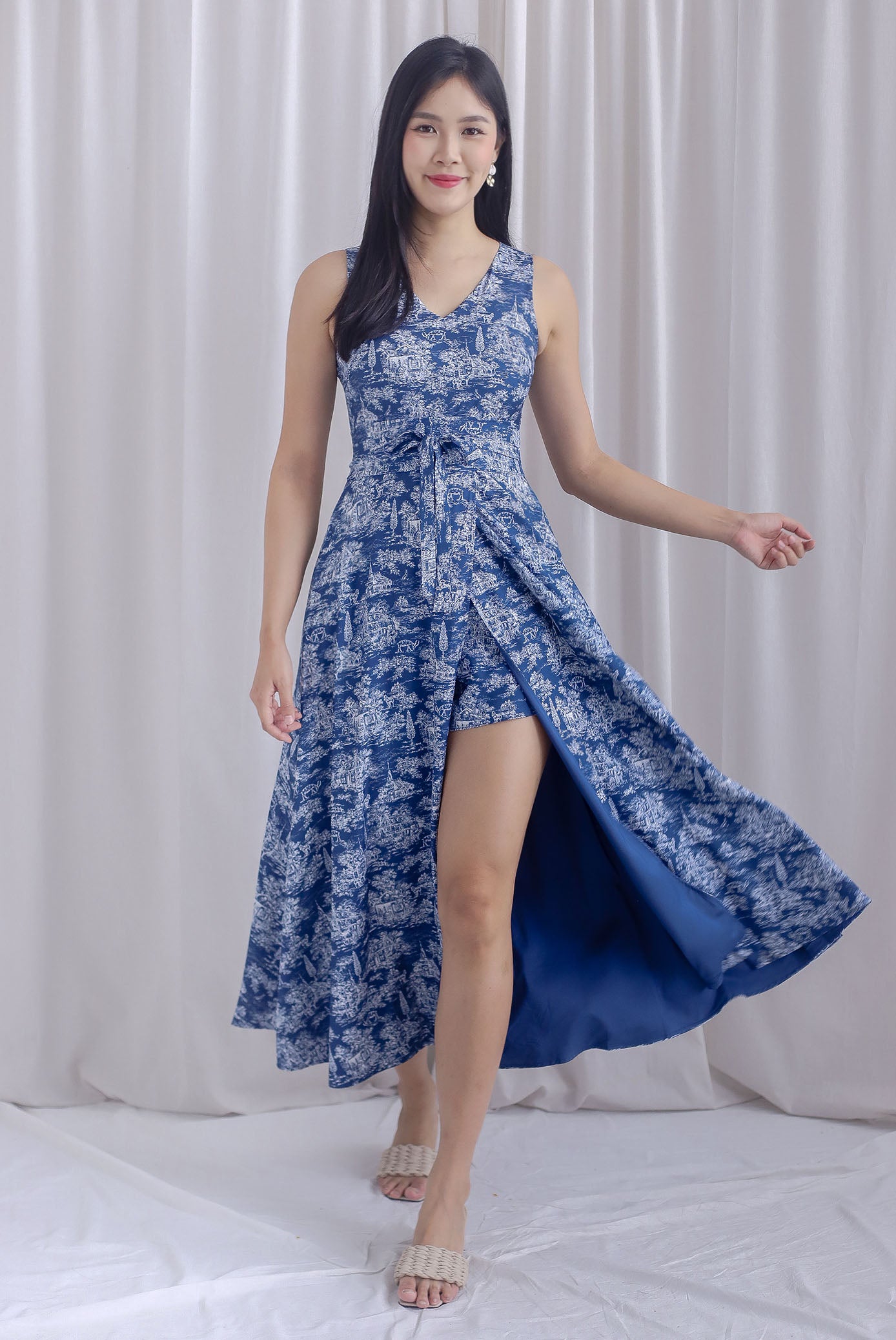 Haley Overlap Maxi Romper Dress In Navy Chinoiserie – The Design Closets