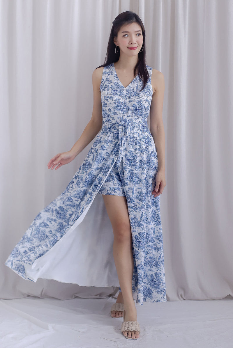 Haley Overlap Maxi Romper Dress In White Chinoiserie