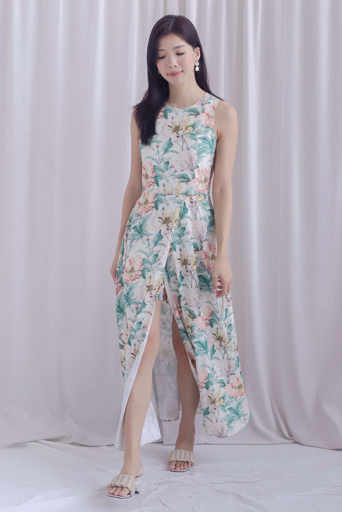 knee length dresses for ladies Black Floral Maxi Romper with Strappy Back main image 0