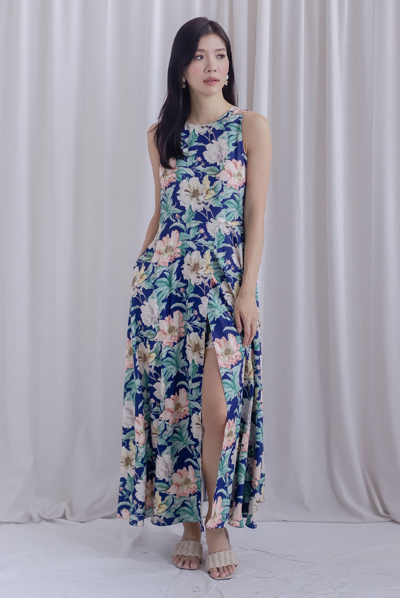 Haley Overlap Floral Maxi Romper Dress In Navy Blue