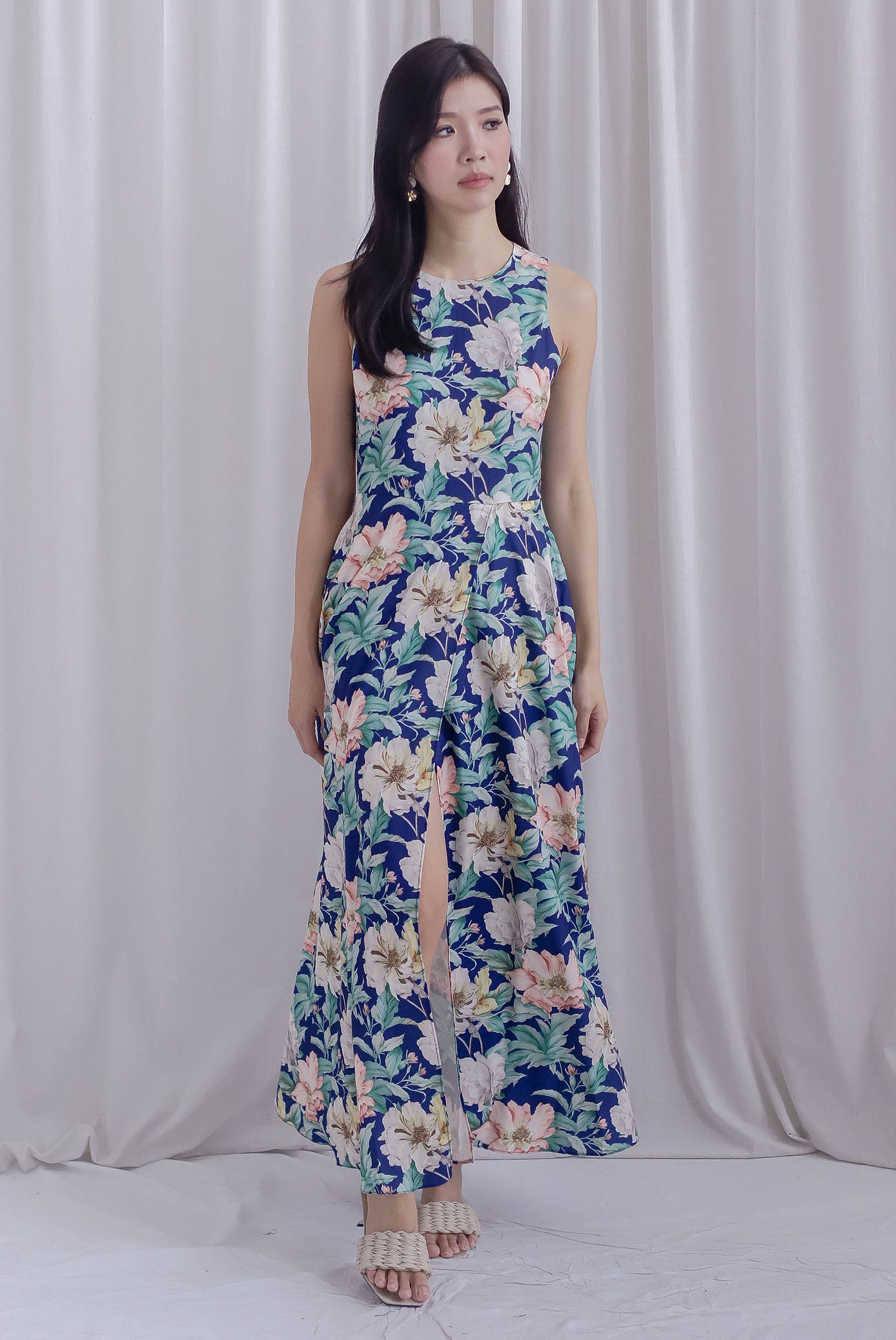 Haley Overlap Floral Maxi Romper Dress In Navy Blue – The Design Closets Haley Overlap Floral Maxi Romper Dress In Navy Blue – The Design Closets