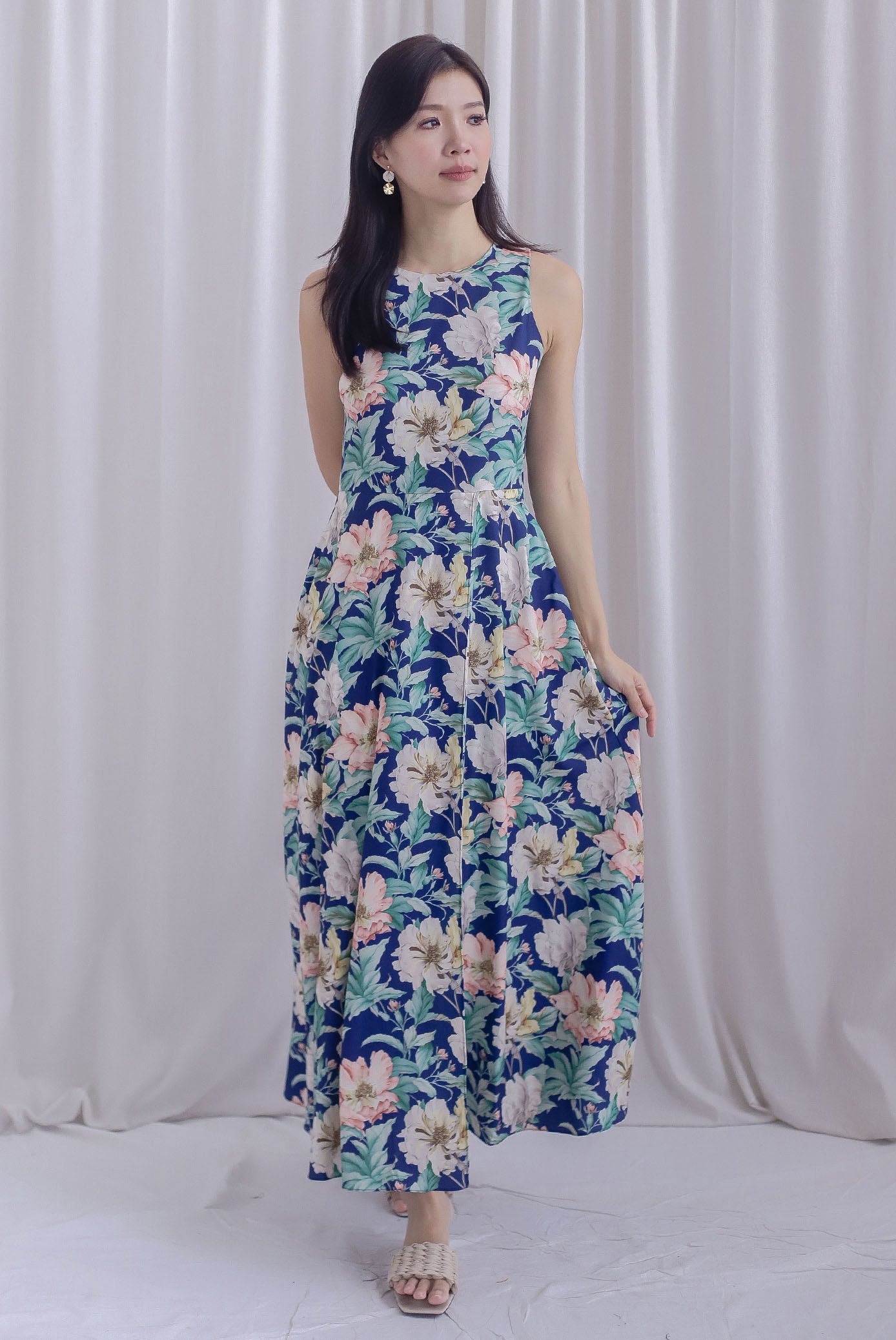 Haley Overlap Floral Maxi Romper Dress In Navy Blue