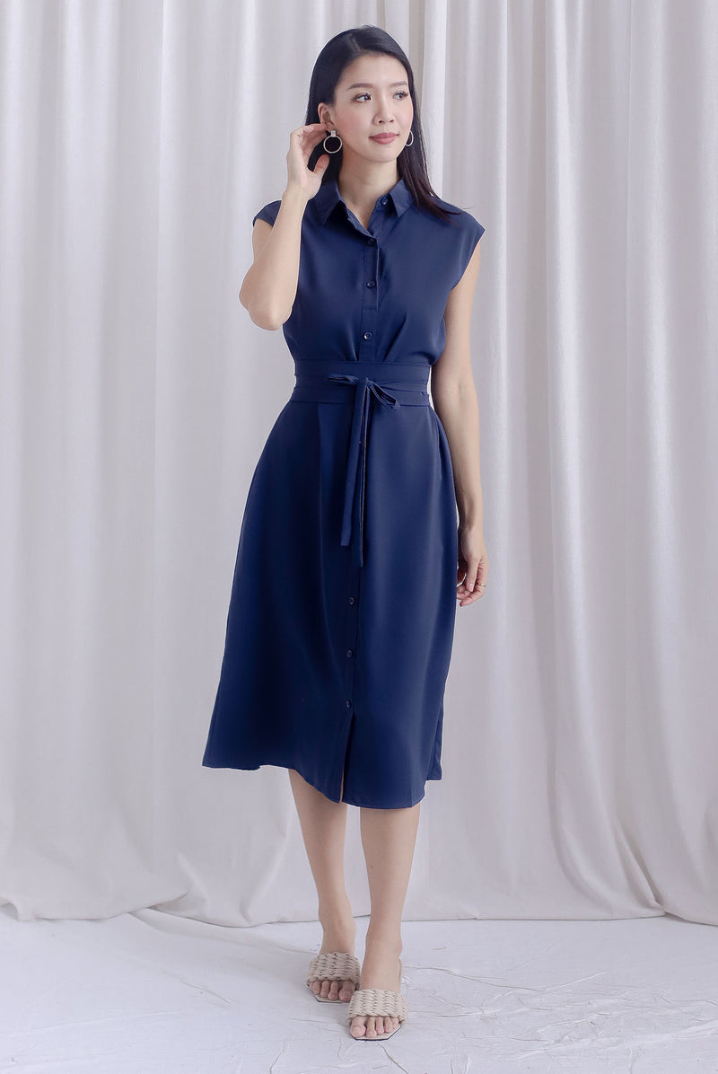 Hande Obi Belt Shirt Dress In Navy Blue