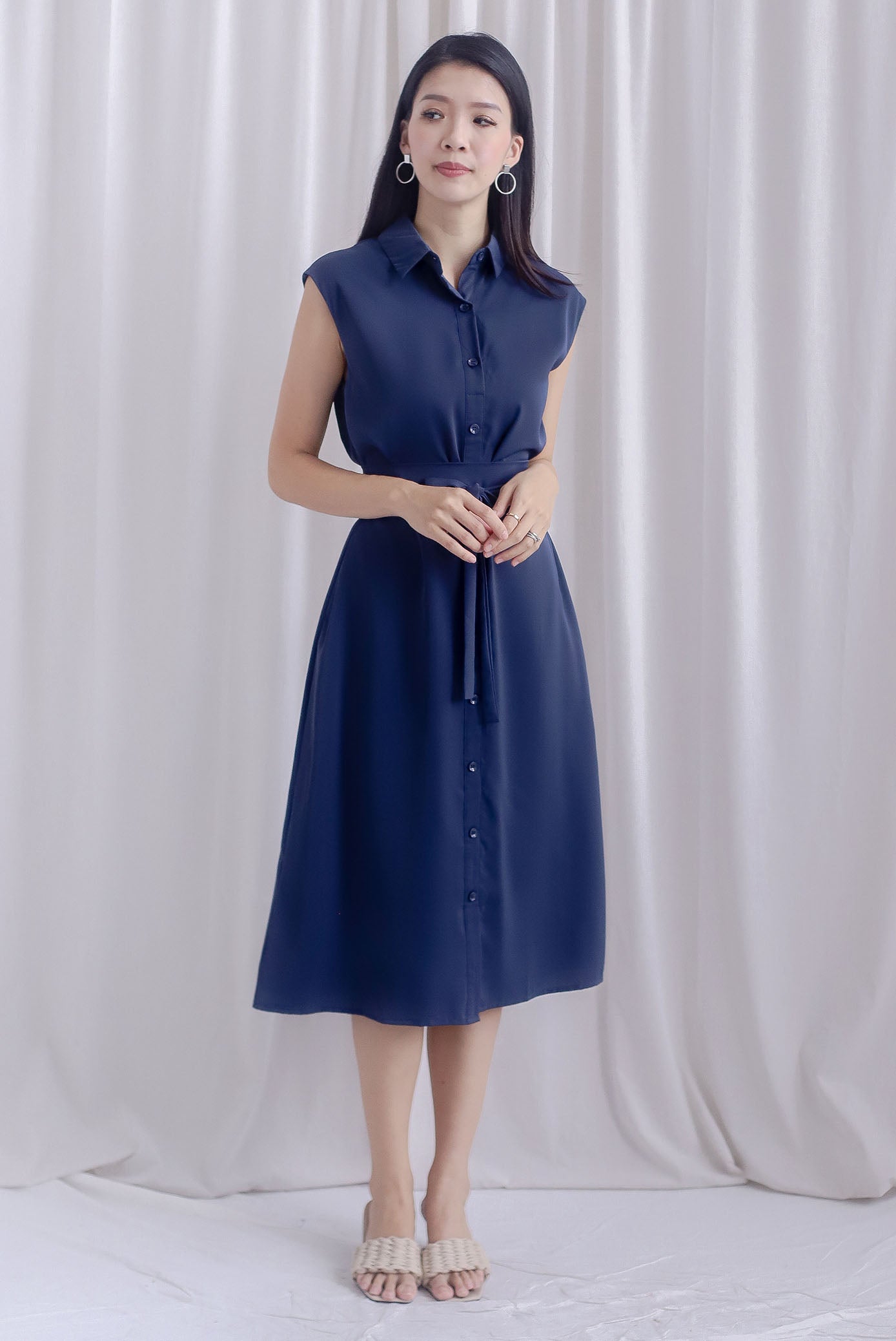 Hande Obi Belt Shirt Dress In Navy Blue