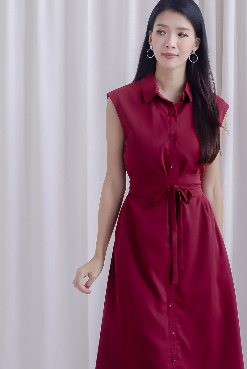 Hande Obi Belt Shirt Dress In Wine Red