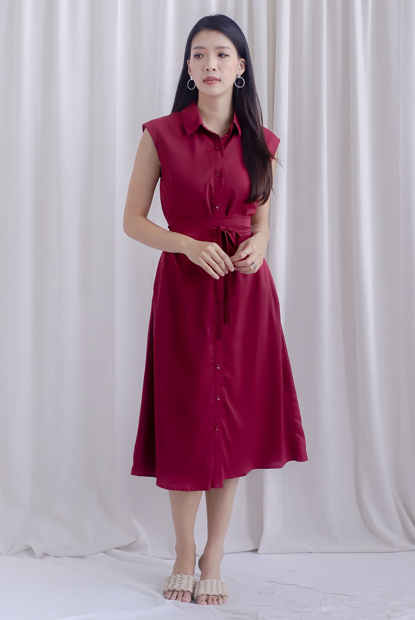 Hande Obi Belt Shirt Dress In Wine Red