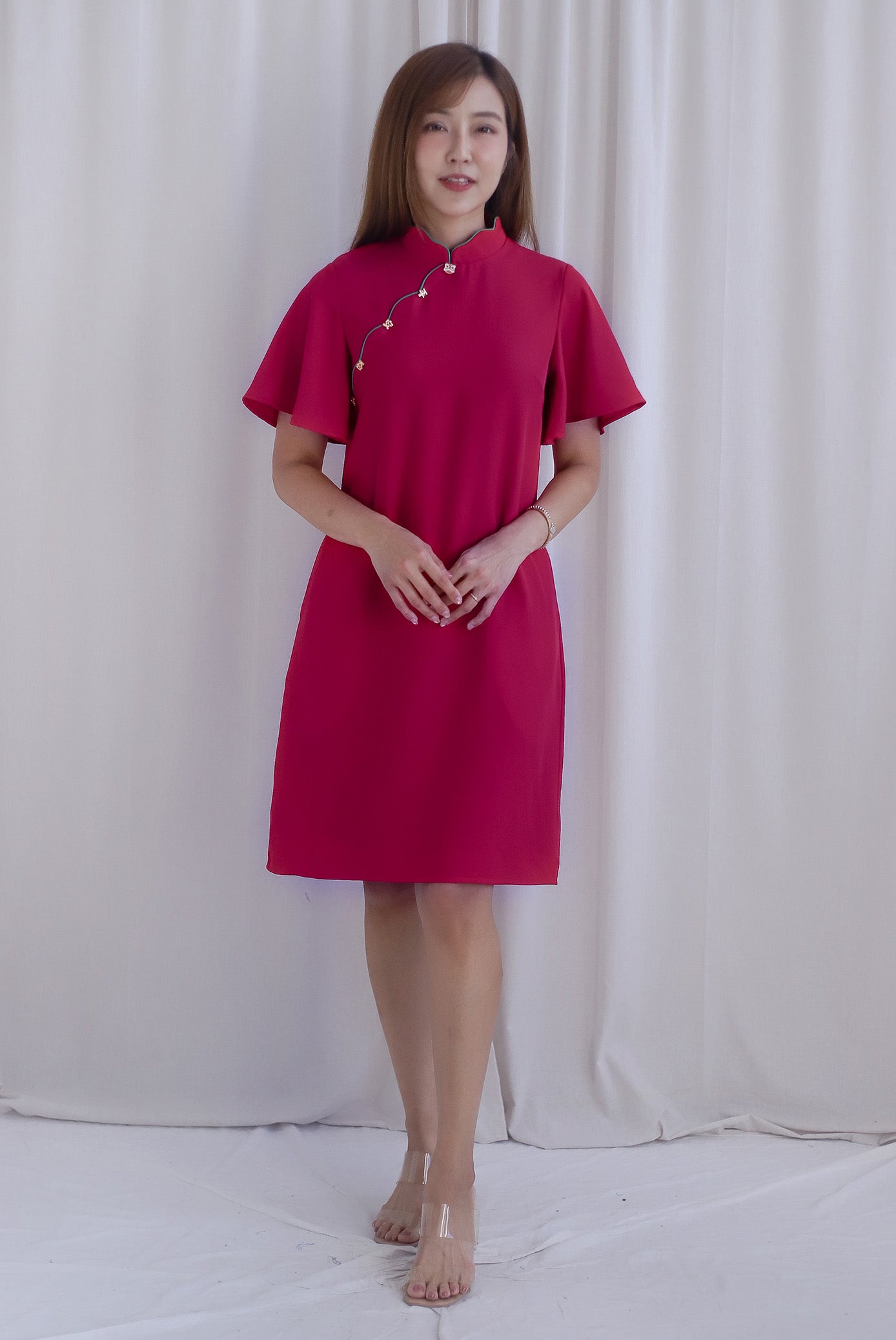 Harmony Buttons Flutter Sleeves Cheong Sam Dress In Magenta
