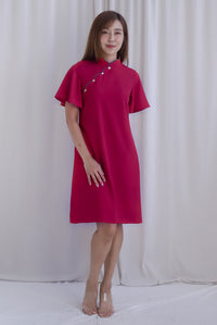 Harmony Buttons Flutter Sleeves Cheong Sam Dress In Magenta