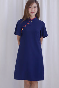 Harmony Buttons Flutter Sleeves Cheong Sam Dress In Navy Blue