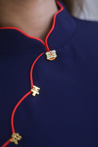 Harmony Buttons Flutter Sleeves Cheong Sam Dress In Navy Blue