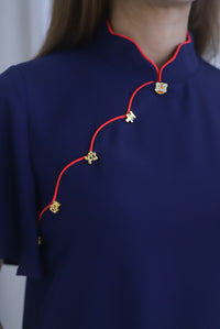 Harmony Buttons Flutter Sleeves Cheong Sam Dress In Navy Blue