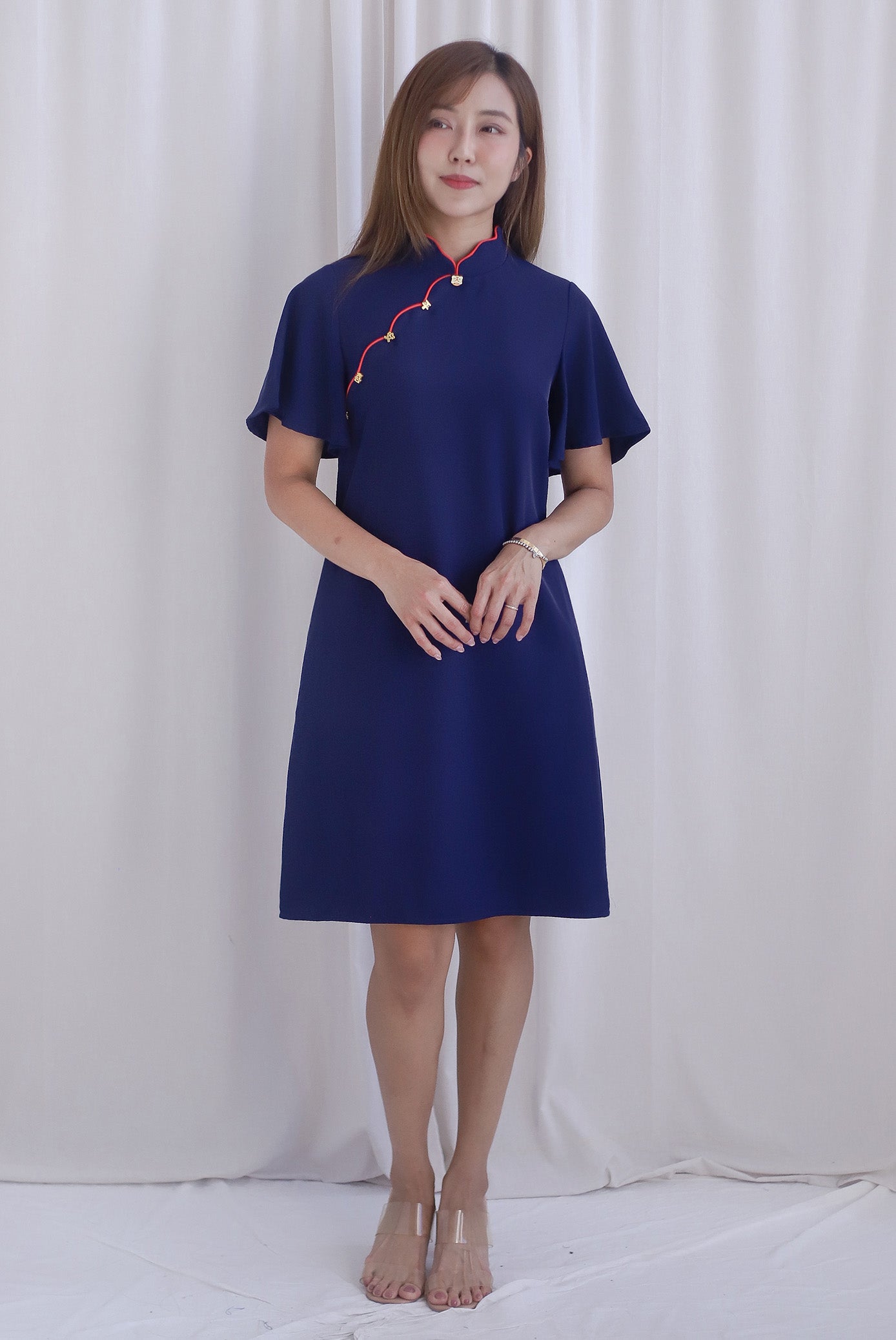 Harmony Buttons Flutter Sleeves Cheong Sam Dress In Navy Blue