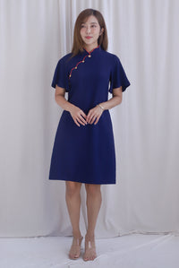 Harmony Buttons Flutter Sleeves Cheong Sam Dress In Navy Blue