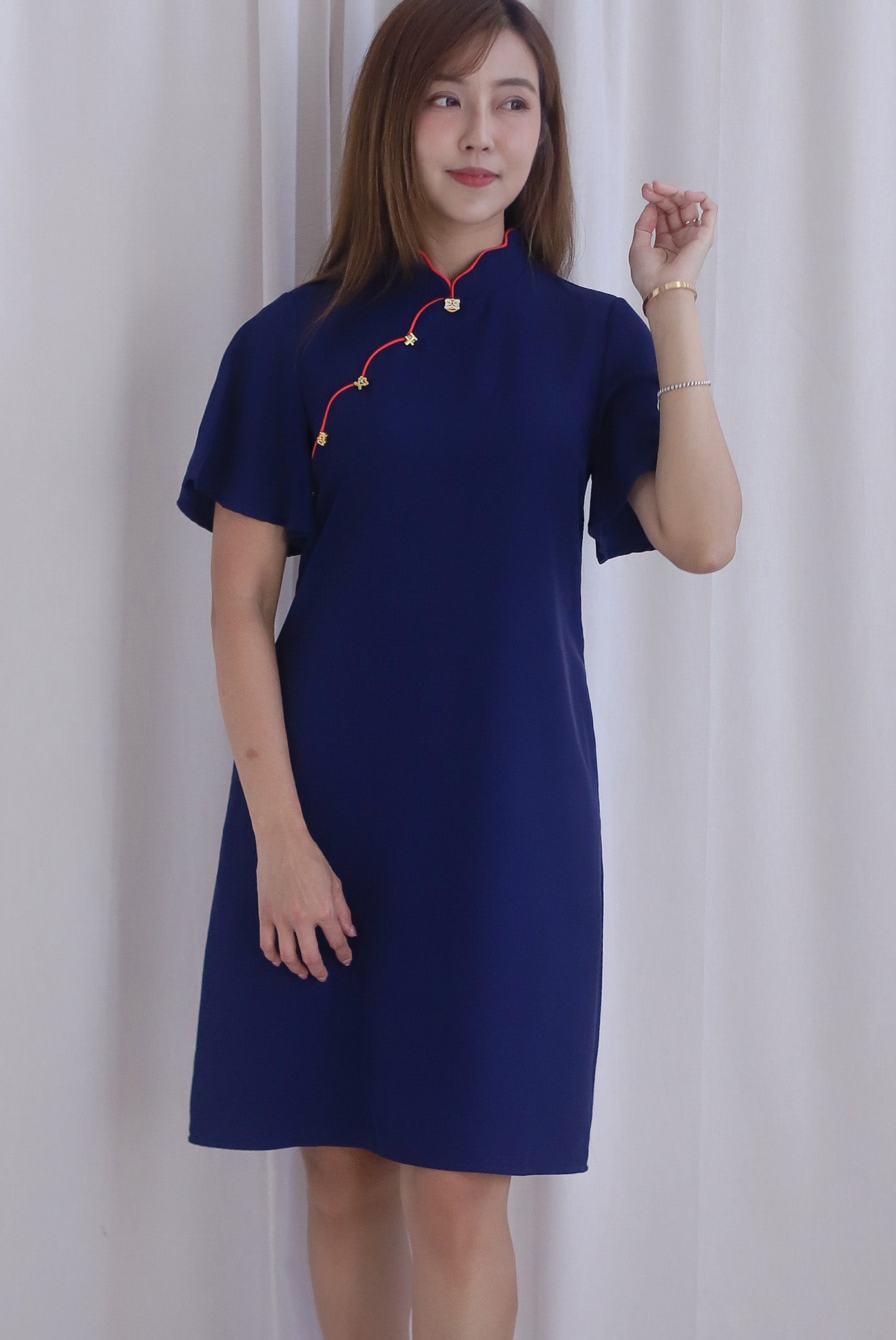 Harmony Buttons Flutter Sleeves Cheong Sam Dress In Navy Blue