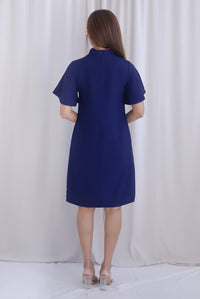 Harmony Buttons Flutter Sleeves Cheong Sam Dress In Navy Blue