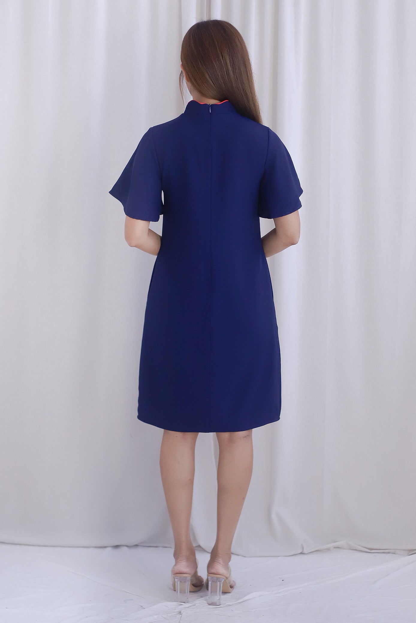 Harmony Buttons Flutter Sleeves Cheong Sam Dress In Navy Blue