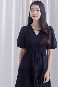 Harper Ruched Strap Puffy Sleeve Dress In Black