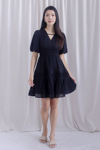 Harper Ruched Strap Puffy Sleeve Dress In Black