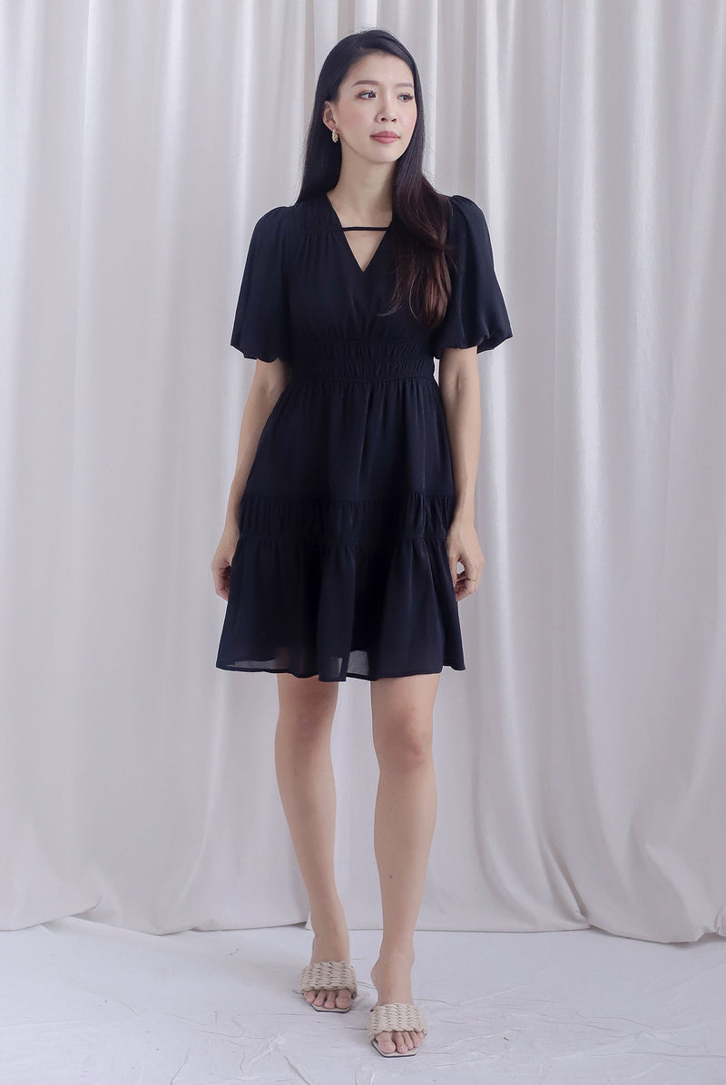 Harper Ruched Strap Puffy Sleeve Dress In Black