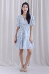 Harper Ruched Strap Puffy Sleeve Dress In Blue Print