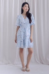 Harper Ruched Strap Puffy Sleeve Dress In Blue Print