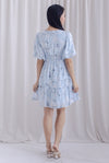 Harper Ruched Strap Puffy Sleeve Dress In Blue Print