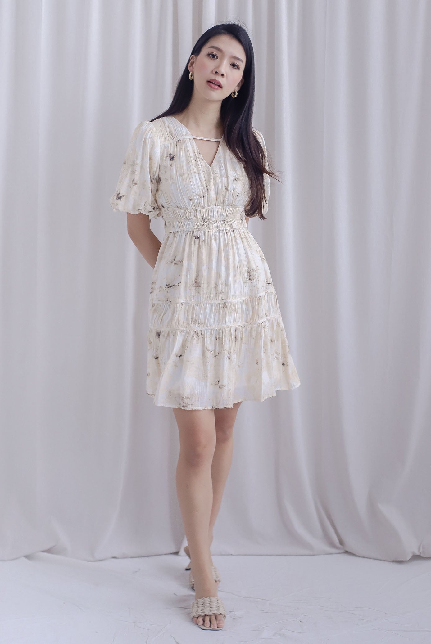 Harper Ruched Strap Puffy Sleeve Dress In Beige Print The Design Closets Harper Ruched Strap Puffy Sleeve Dress In Beige Print The Design Closets