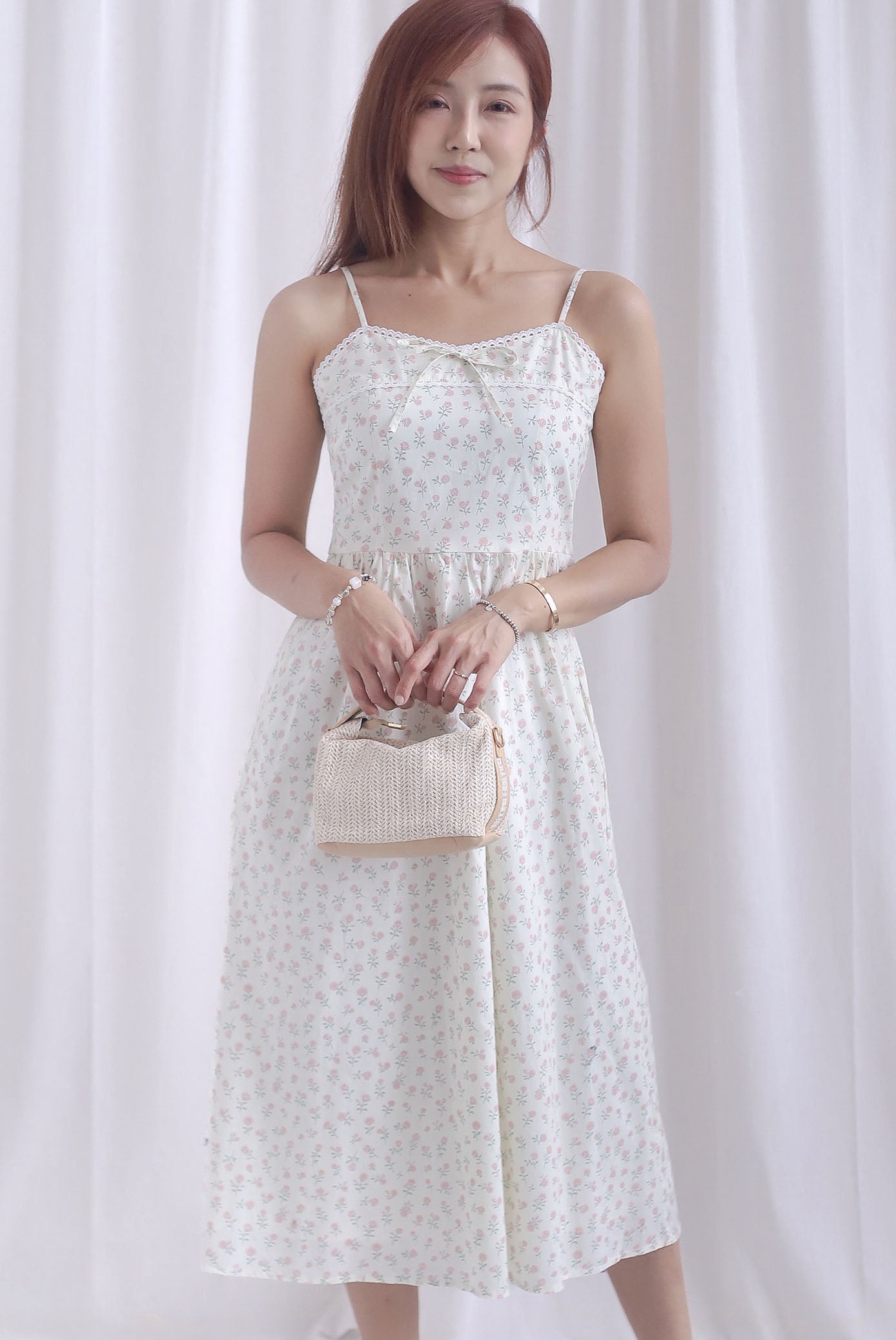 Hazel Spaghetti Lattice Ribbon Floral Dress In Cream