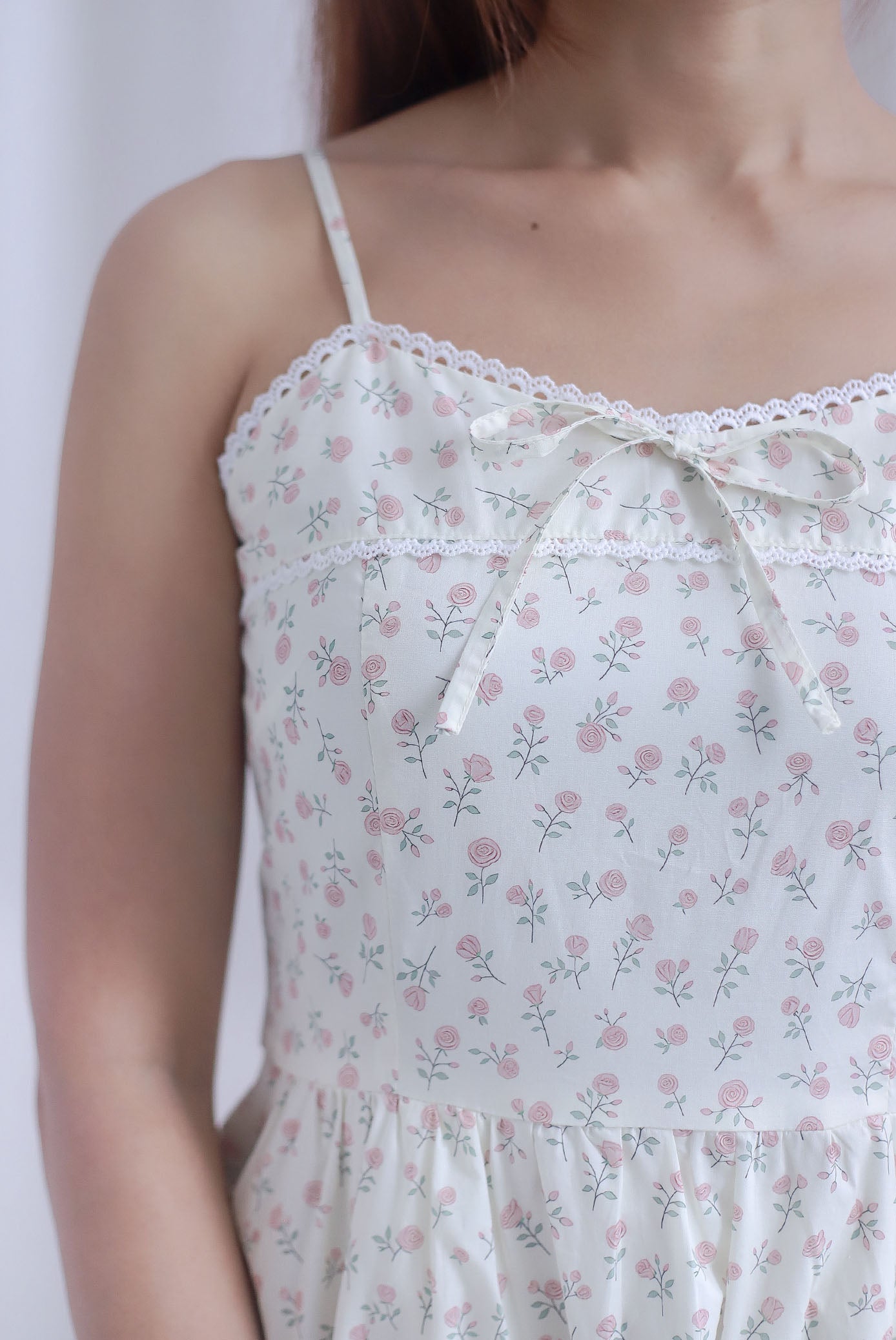 Hazel Spaghetti Lattice Ribbon Floral Dress In Cream
