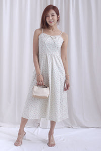 Hazel Spaghetti Lattice Ribbon Floral Dress In Cream