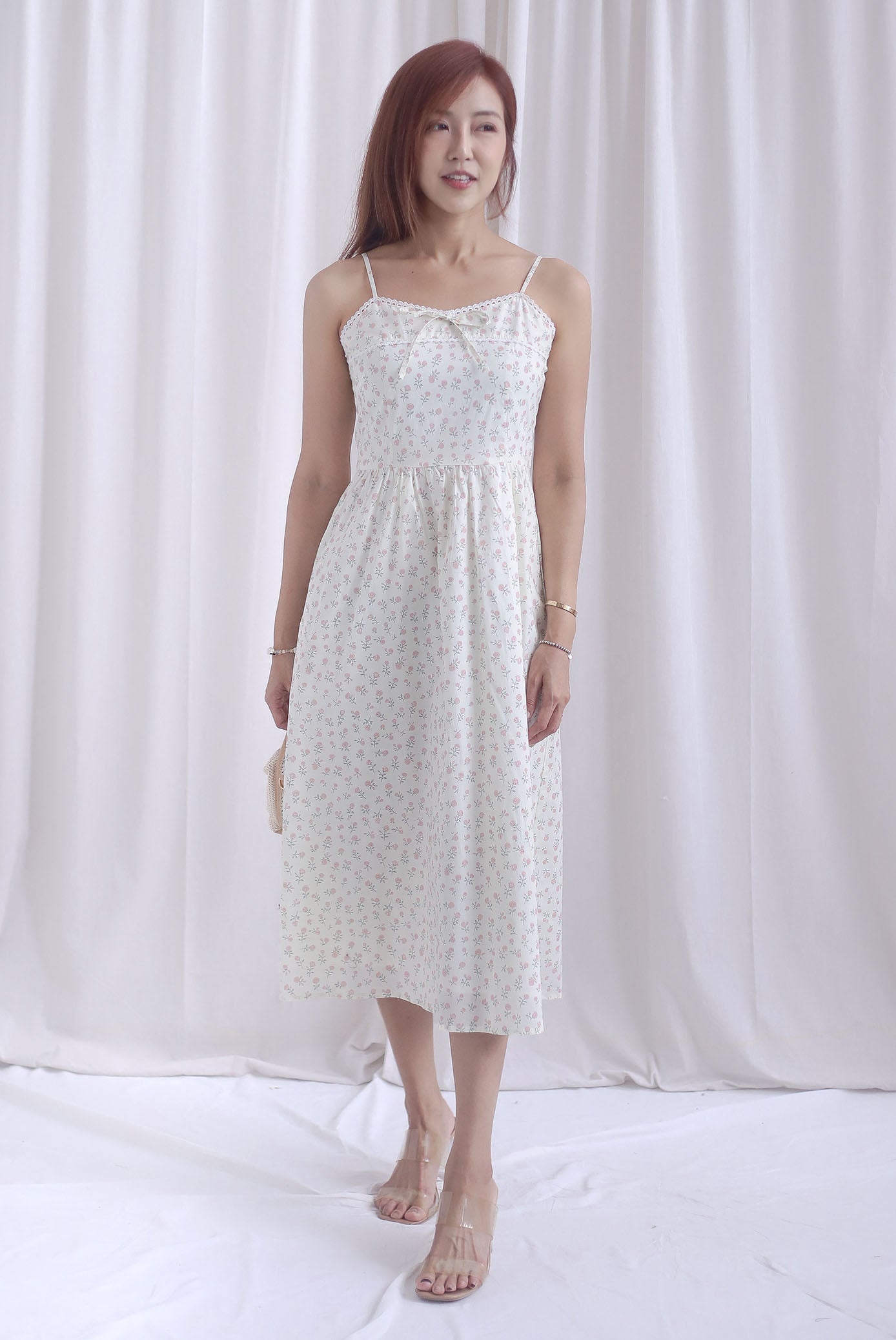 Hazel Spaghetti Lattice Ribbon Floral Dress In Cream
