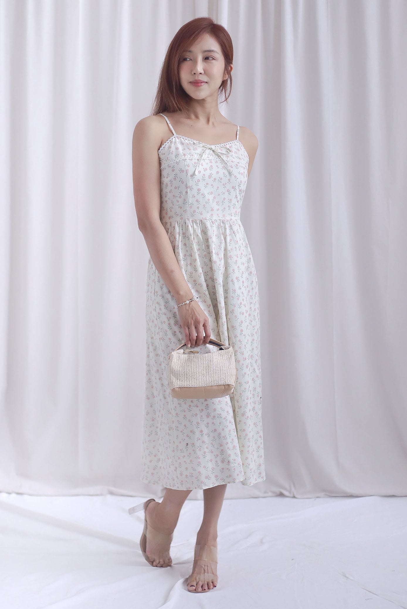 Hazel Spaghetti Lattice Ribbon Floral Dress In Cream