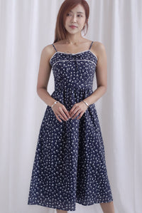 Hazel Spaghetti Lattice Ribbon Floral Dress In Midnight Blue