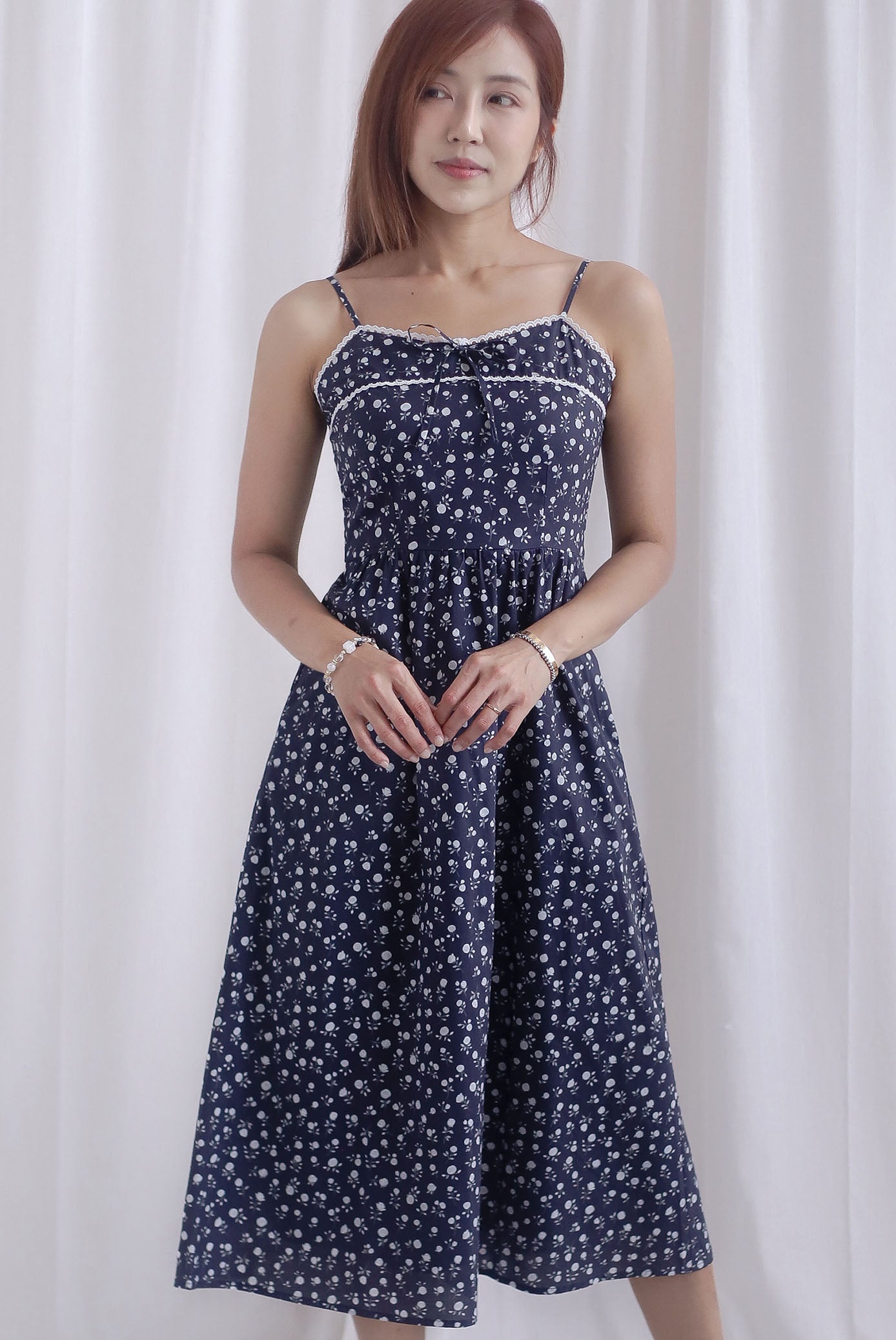 Hazel Spaghetti Lattice Ribbon Floral Dress In Midnight Blue