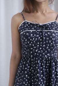 Hazel Spaghetti Lattice Ribbon Floral Dress In Midnight Blue