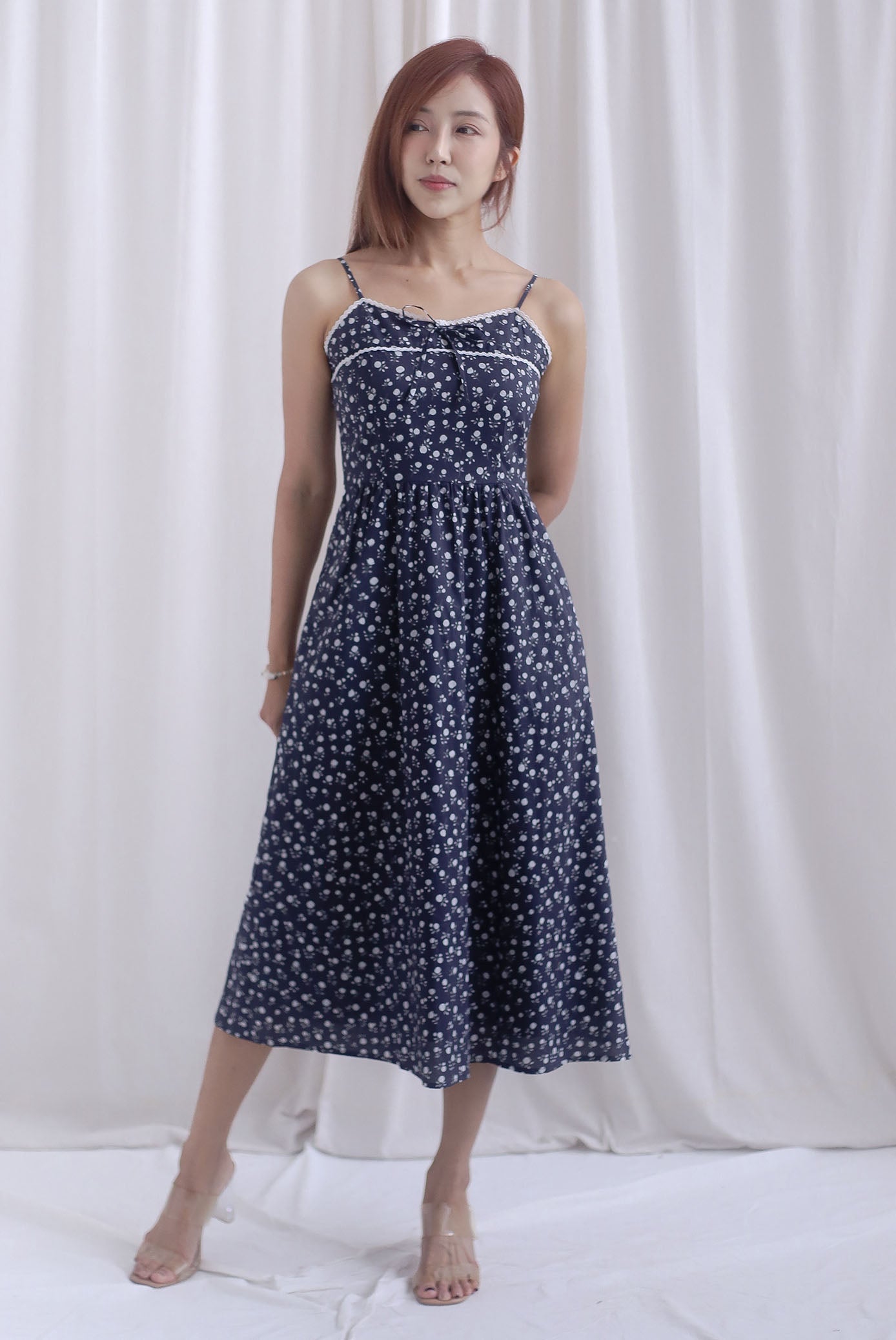 Hazel Spaghetti Lattice Ribbon Floral Dress In Midnight Blue