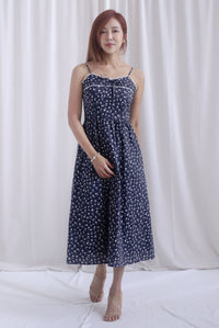 Hazel Spaghetti Lattice Ribbon Floral Dress In Midnight Blue