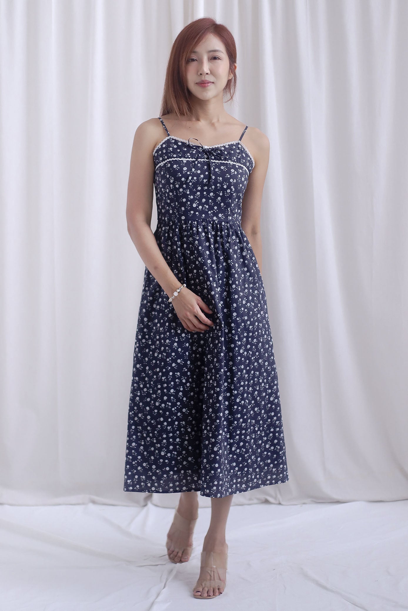 Hazel Spaghetti Lattice Ribbon Floral Dress In Midnight Blue