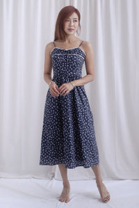 Hazel Spaghetti Lattice Ribbon Floral Dress In Midnight Blue
