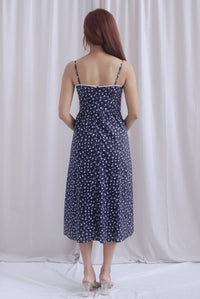 Hazel Spaghetti Lattice Ribbon Floral Dress In Midnight Blue