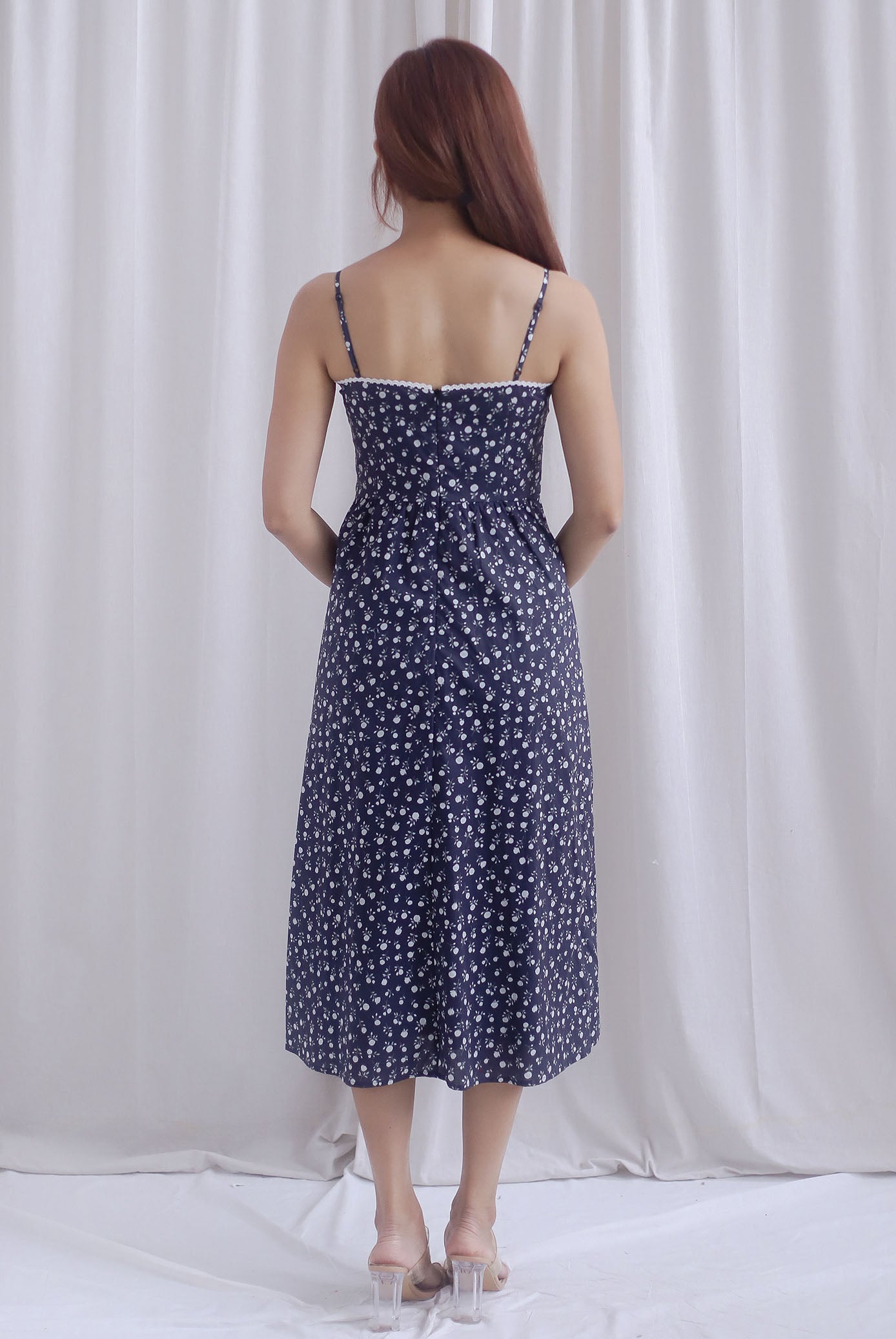 Hazel Spaghetti Lattice Ribbon Floral Dress In Midnight Blue