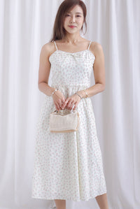 Hazel Spaghetti Lattice Ribbon Floral Dress In Cream