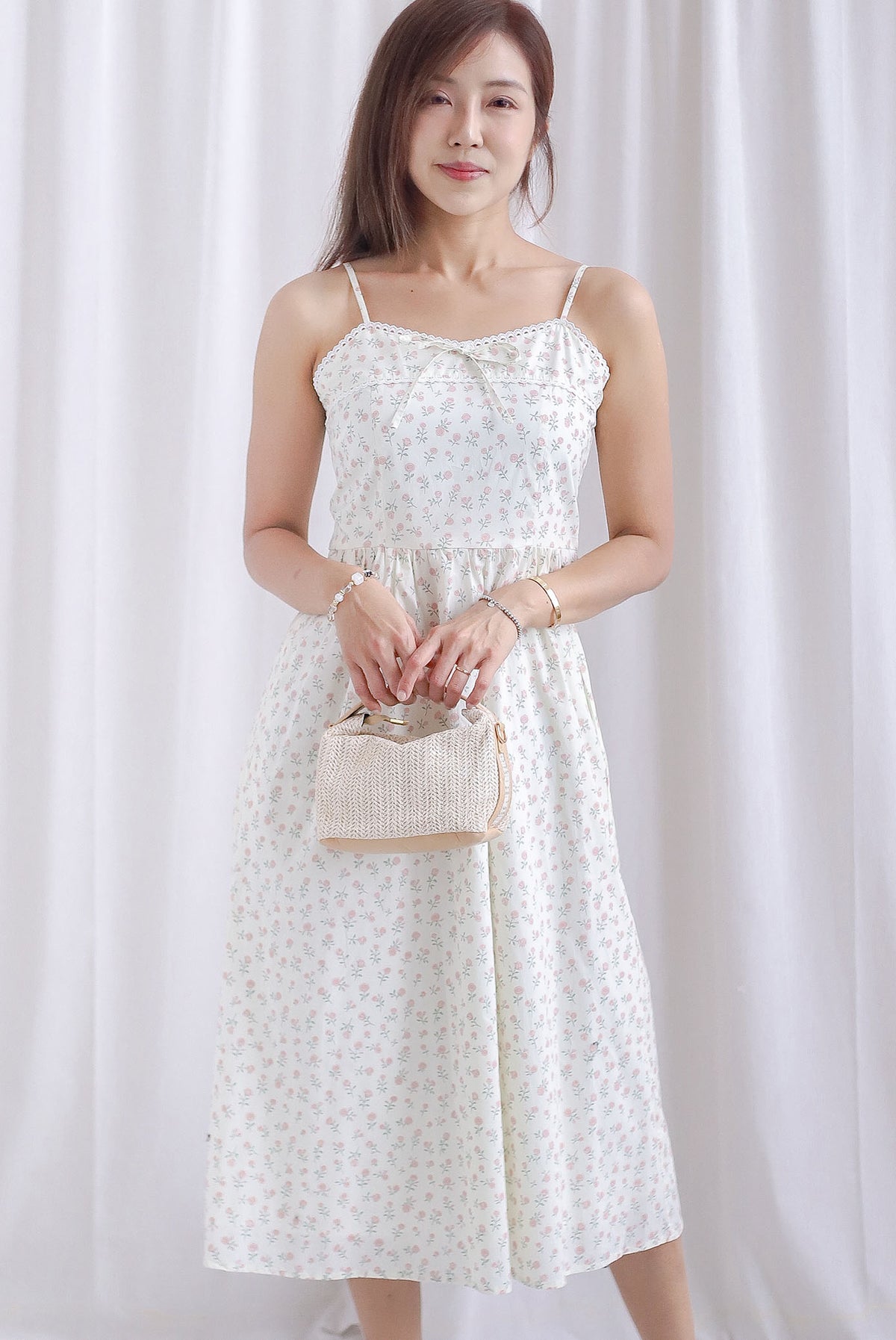 Hazel Spaghetti Lattice Ribbon Floral Dress In Cream