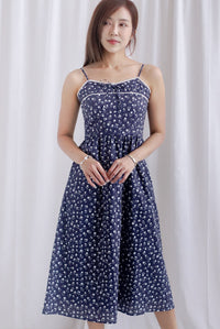 Hazel Spaghetti Lattice Ribbon Floral Dress In Midnight Blue