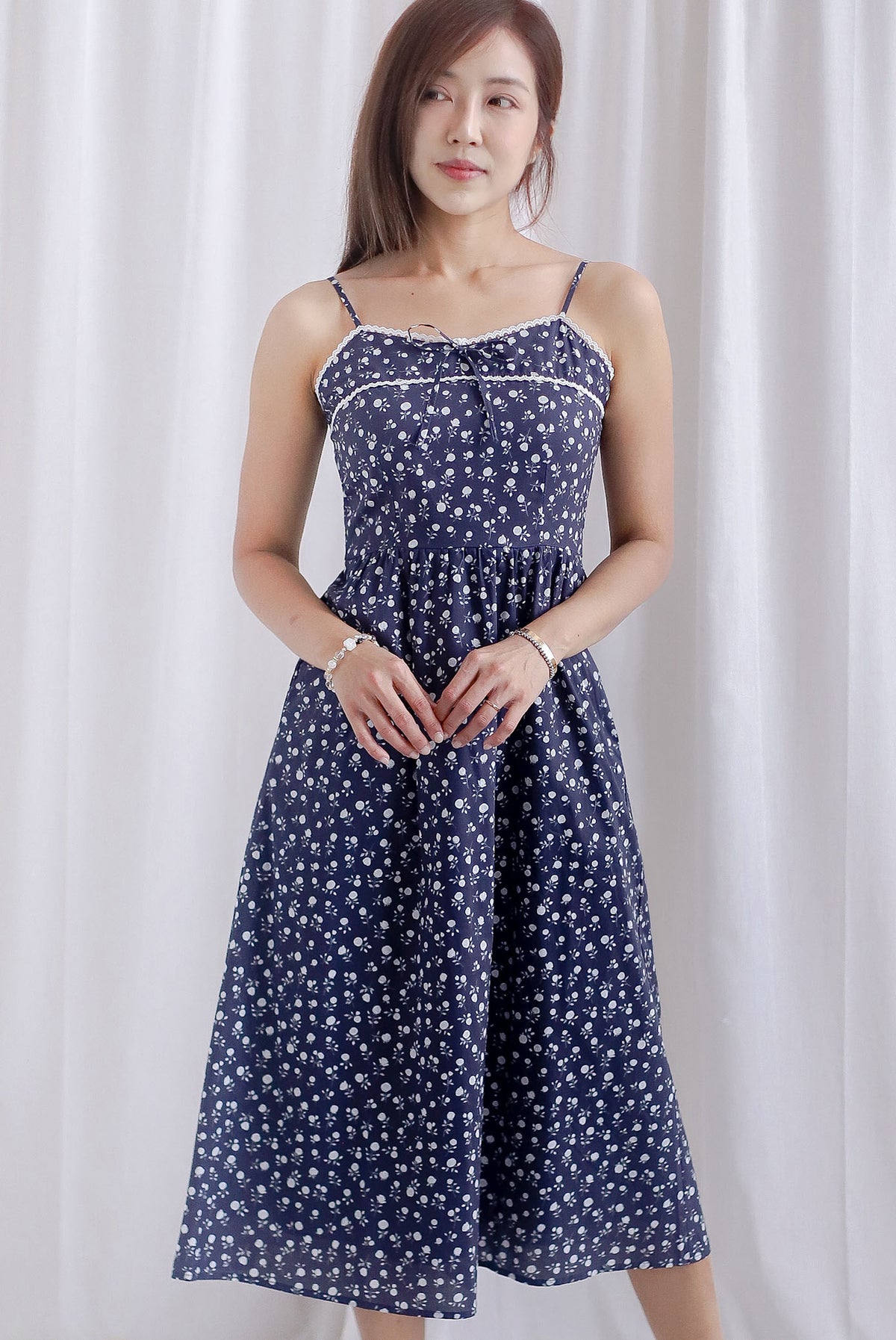 Hazel Spaghetti Lattice Ribbon Floral Dress In Midnight Blue