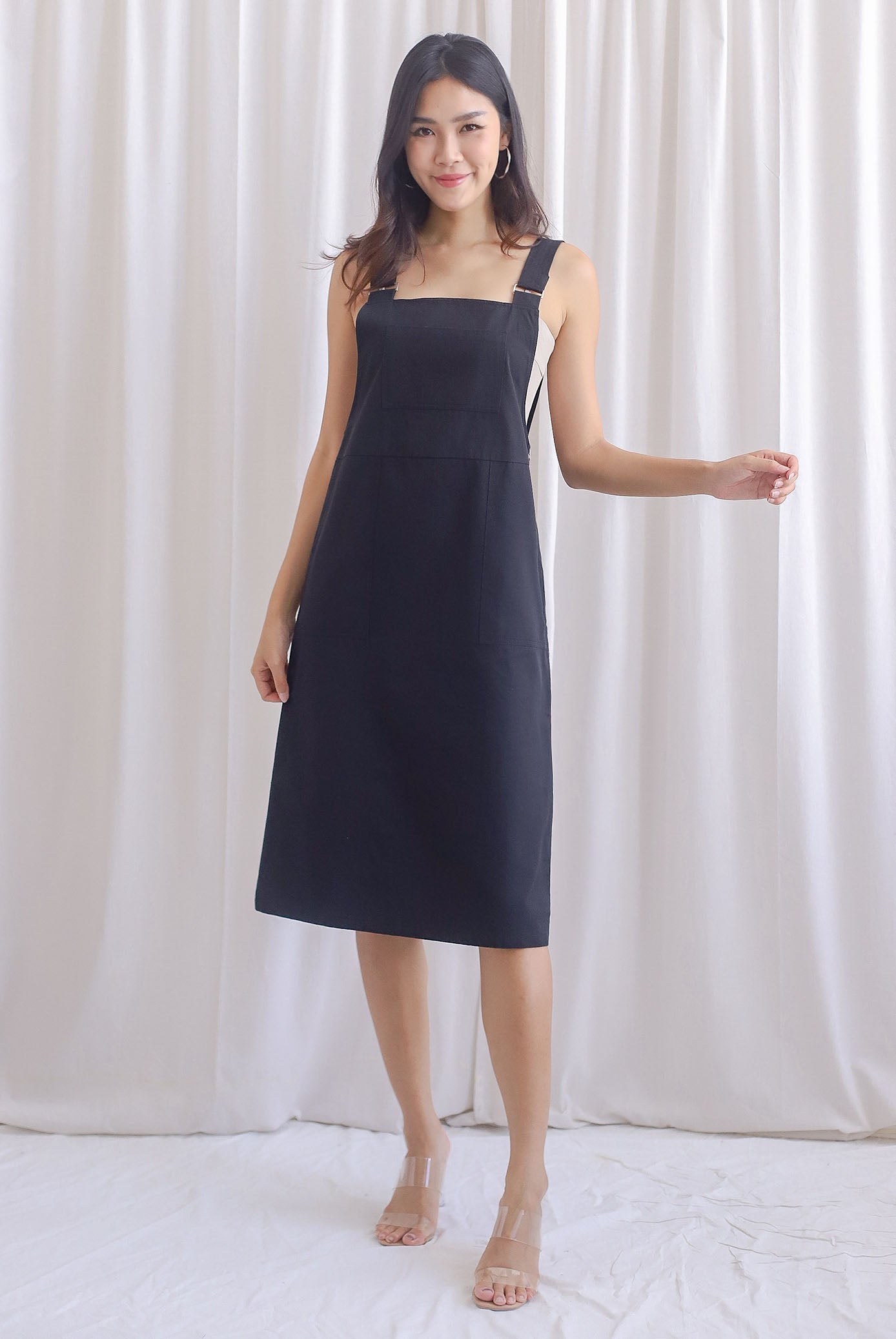 Heather Dungaree Midi Dress In Black
